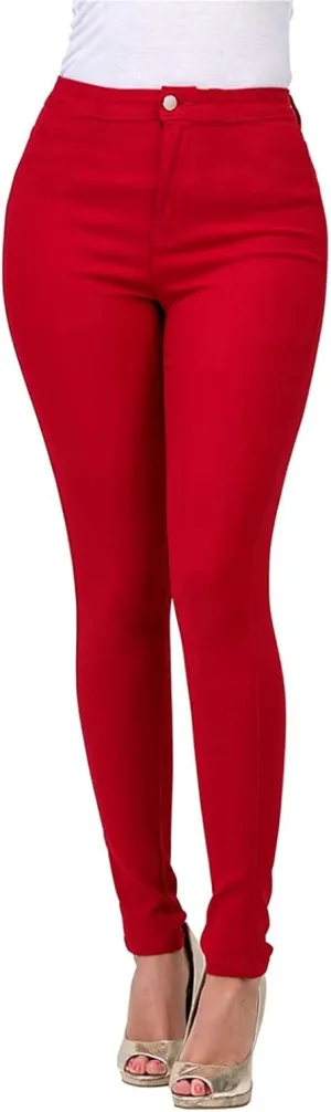 XUETON Stretchy Jeggings with Pockets for Women High Wasited Pull-On Stretchy Slim Fit Skinny Jeans Pencil Denim Pants Tights(Red,XX-Large)