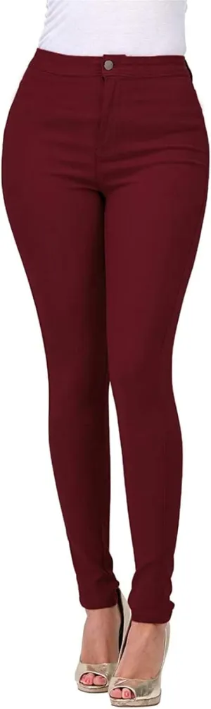 XUETON Stretchy Jeggings with Pockets for Women High Wasited Pull-On Stretchy Slim Fit Skinny Jeans Pencil Denim Pants Tights(Wine,Small)