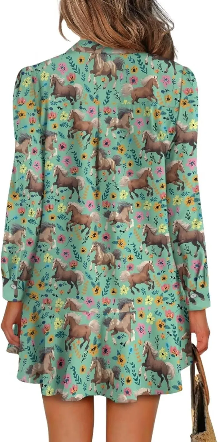 Yewattles Sweatshirt Dress for Women Long Sleeve Printed Shirt Dress Soft Stretchy Button Down V Neck Sweatshirt Dress