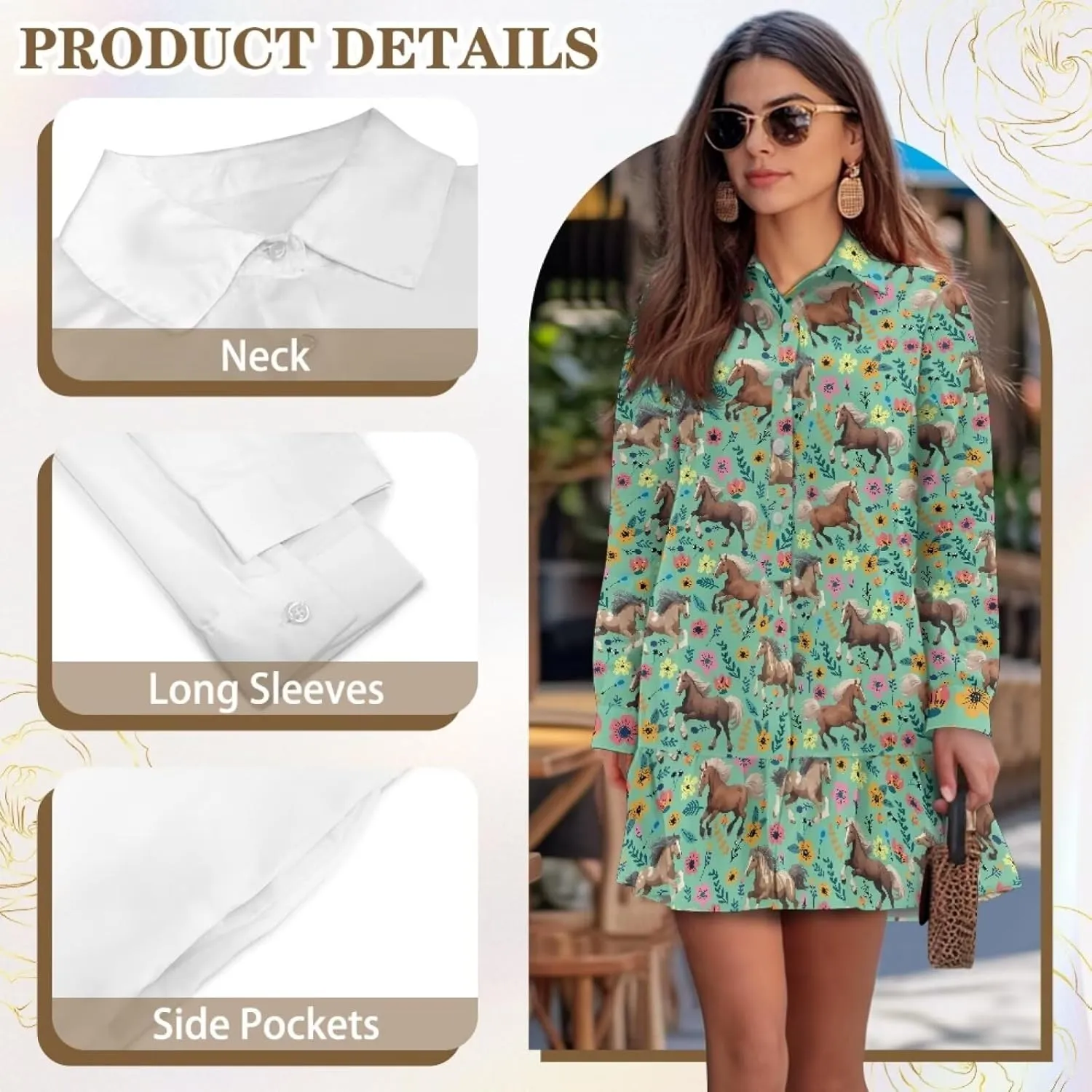 Yewattles Sweatshirt Dress for Women Long Sleeve Printed Shirt Dress Soft Stretchy Button Down V Neck Sweatshirt Dress