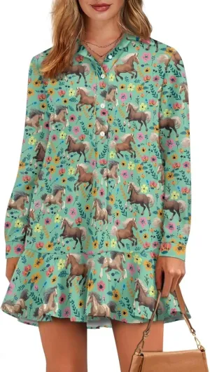Yewattles Sweatshirt Dress for Women Long Sleeve Printed Shirt Dress Soft Stretchy Button Down V Neck Sweatshirt Dress